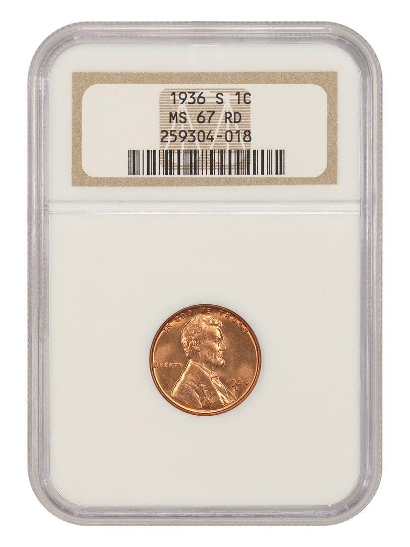 1936-S 1C NGC MS67RD - Lincoln Cent (Wheat Reverse) - Lovely Red S-Mint: 1936-S 1C NGC MS67RD - Lincoln Cent (Wheat Reverse) - Lovely Red S-Mint The 1936-S 1C NGC MS67RD Lincoln Cent boasts a lovely red color and is certified by the NGC as MS67RD, indicating a high level o