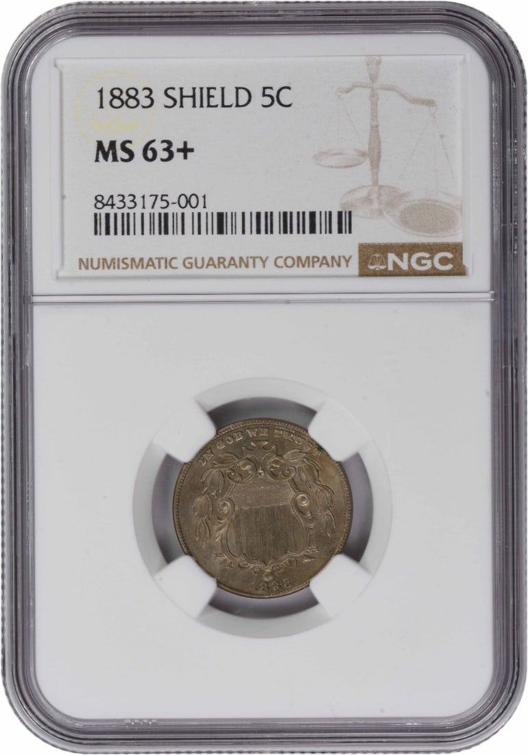 Shield Nickel 1883 MS63+: Shield Nickel 1883 MS63+ The Shield Nickel 1883 MS63+ is a highly detailed and ornate coin, featuring the distinctive shield design created by James Barton Longacre. With its 75% copper and 25% nickel