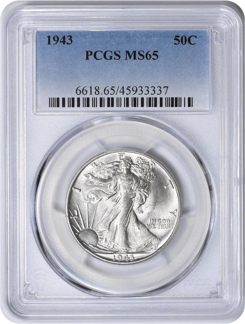 1943 Walking Liberty Silver Half Dollar MS65 PCGS: 1943 Walking Liberty Silver Half Dollar MS65 PCGS The 1943 Walking Liberty Silver Half Dollar is a highly detailed and intricately designed coin, featuring the iconic Liberty Walking design by Adolph 