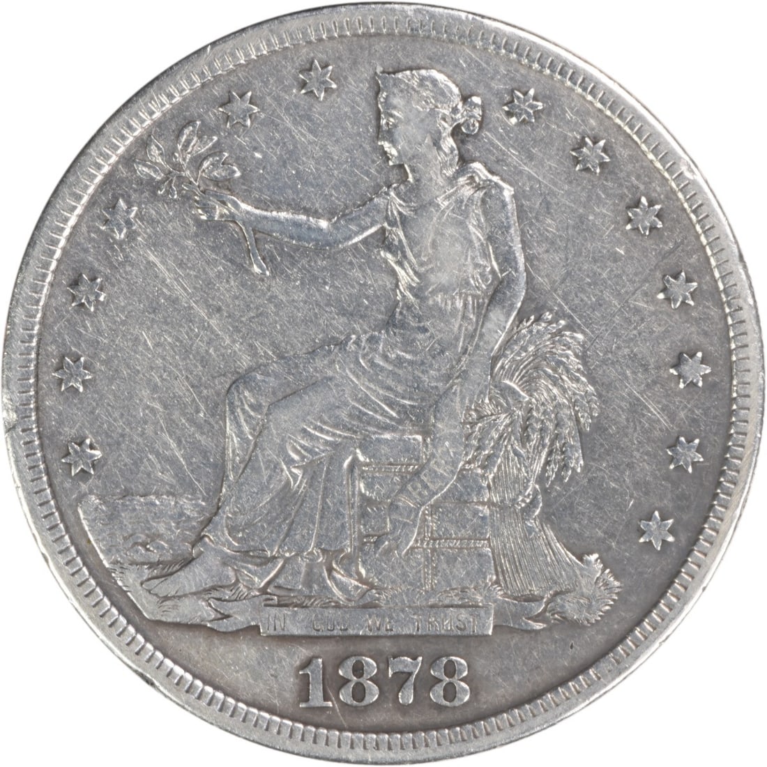 1878-S Trade Silver Dollar VF Uncertified: 1878-S Trade Silver Dollar VF Uncertified The 1878-S Trade Silver Dollar is a circulated coin with a rich history, bearing the signature of William Barber, its designer. With its reeded edge and 90%