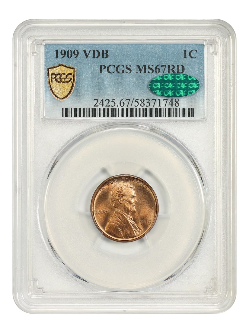1909 VDB 1C PCGS/ CAC MS67RD - Lincoln Cent (Wheat Reverse) - Popular VDB Issue: 1909 VDB 1C PCGS/ CAC MS67RD - Lincoln Cent (Wheat Reverse) - Popular VDB Issue The 1909 VDB Lincoln Cent, graded MS67RD by PCGS and CAC, boasts a stunning red color, characteristic of the popular