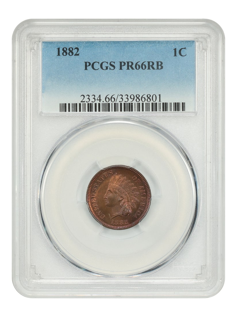 1882 1C PCGS PR66RB - Indian Cent: 1882 1C PCGS PR66RB - Indian Cent The 1882 Indian Cent is a highly detailed and well-preserved coin, graded PR66RB by PCGS, indicating its exceptional condition and mint state quality. This rare coin 