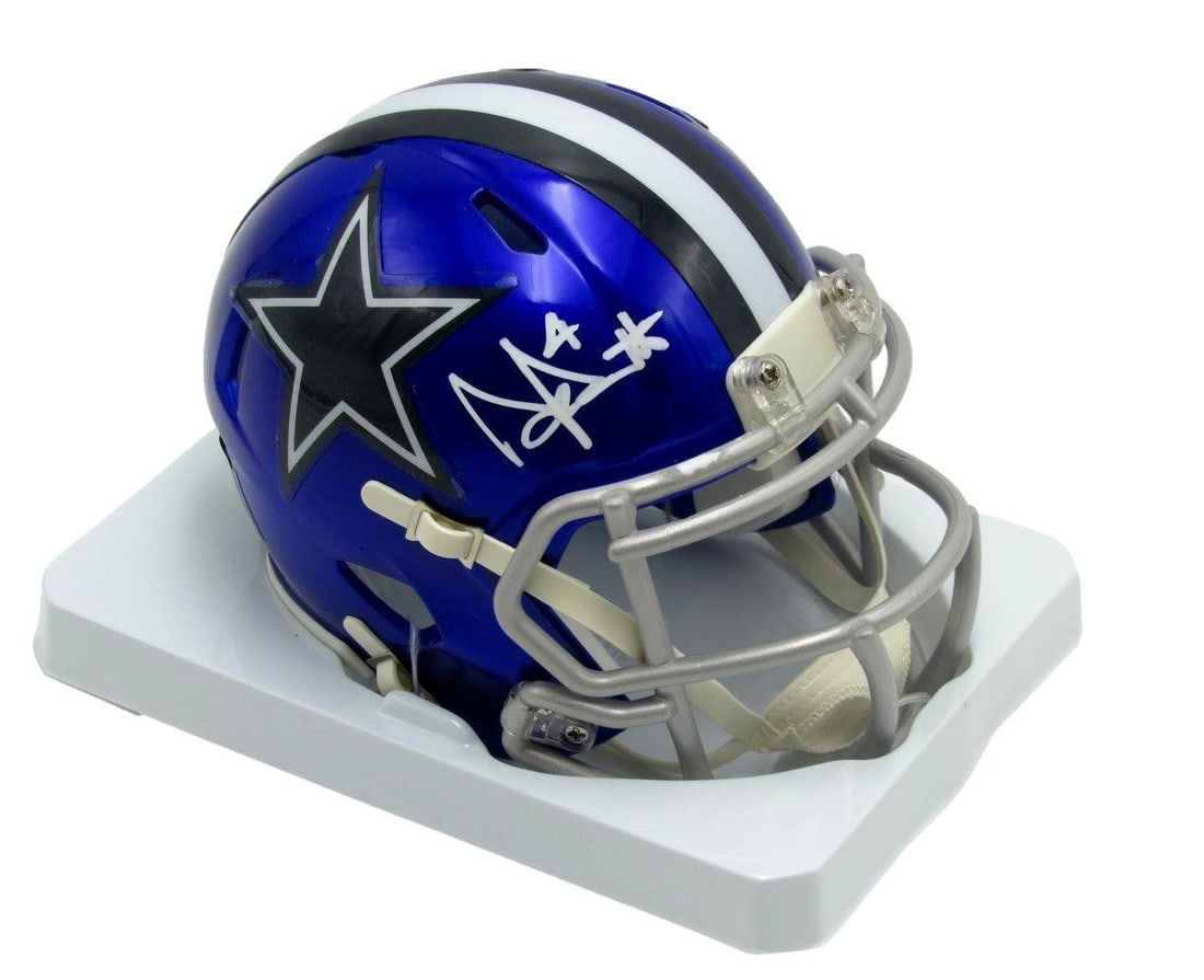 Dallas Cowboys Dak Prescott Autographed Beckett Helmet Mini Flash Football: Dallas Cowboys Dak Prescott Autographed Beckett Helmet Mini Flash Football BAS/Beckett authenticated, this mini flash football is signed by Dallas Cowboys quarterback Dak Prescott, making it a unique