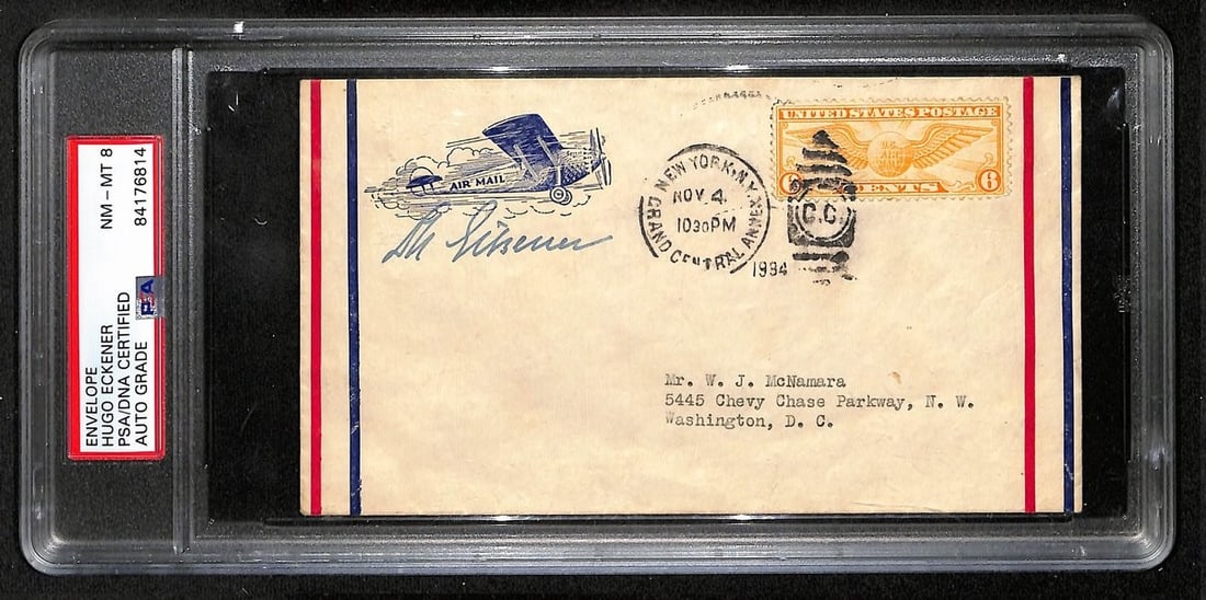 Eckener Signed Graf Zeppelin d 1954 FDC Autographed Envelope PSA 201847: Eckener Signed Graf Zeppelin d 1954 FDC Autographed Envelope PSA 201847 PSA/DNA authenticated envelope bearing the signature of Eckener, a notable figure associated with the Graf Zeppelin, a historic 
