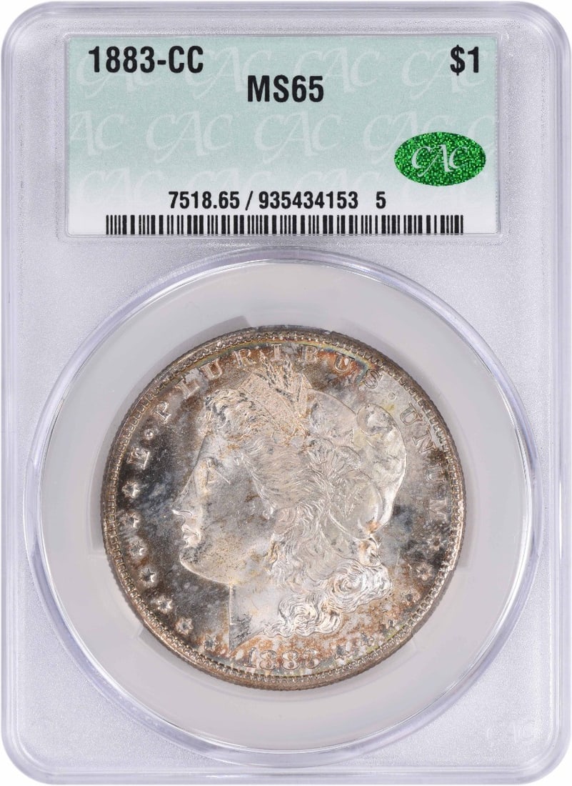 Morgan Silver Dollar CC CACG MS65 1883: Morgan Silver Dollar CC CACG MS65 1883 The 1883 Morgan Silver Dollar is a highly detailed and precise coin, with a diameter of 38.10 millimeters and a weight of 26.73 grams. Certified MS65 by the CACG