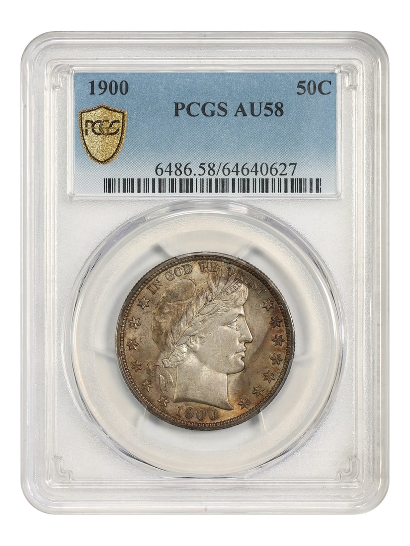 1900 50C PCGS AU58 - Barber Half Dollar: 1900 50C PCGS AU58 - Barber Half Dollar The 1900 50C PCGS AU58 Barber Half Dollar is a circulated coin from the Philadelphia mint, bearing the mark of the Professional Coin Grading Service (PCGS). Thi