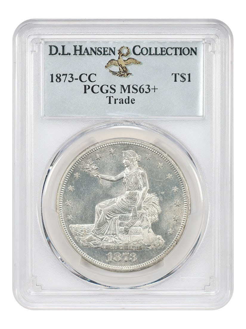1873-CC Trade $1 PCGS MS63+ ex: D.L. Hansen: 1873-CC Trade $1 PCGS MS63+ ex: D.L. Hansen The 1873-CC Trade $1, graded MS63+, boasts a rich history as a circulated uncirculated coin, certified by the prestigious PCGS. This stunning example showca