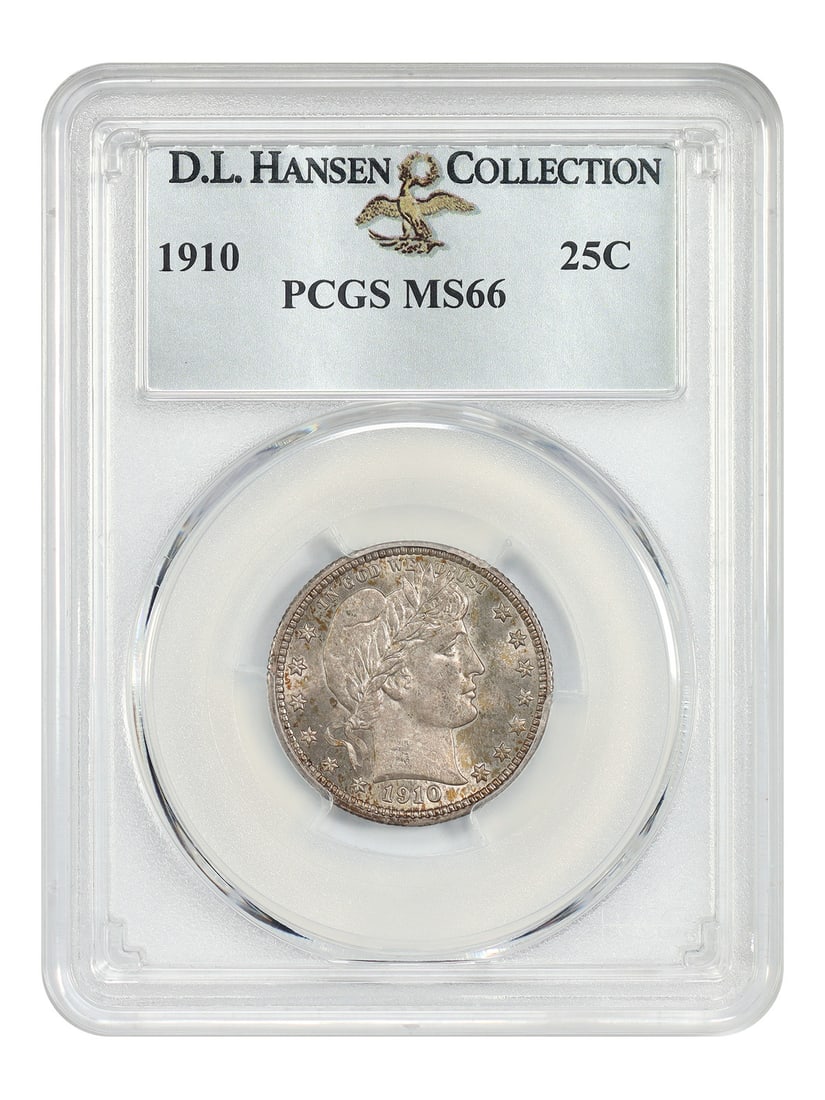 PCGS MS66 25C ex D.L. Hansen: PCGS MS66 25C ex D.L. Hansen The PCGS MS66 25C ex D.L. Hansen is a highly graded, uncirculated 1910 quarter dollar from the Philadelphia mint, certified by the Professional Coin Grading Service. This 