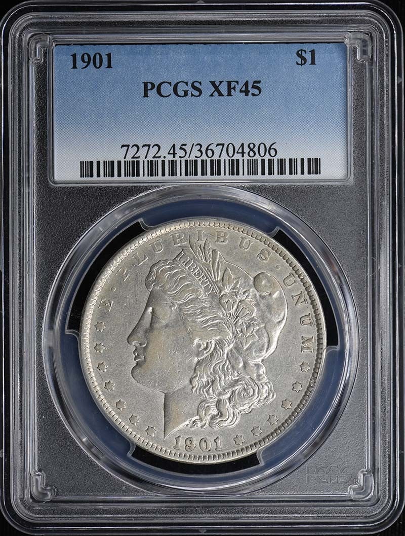 Morgan Dollar 1901 $1 PCGS XF45: Morgan Dollar 1901 $1 PCGS XF45 The 1901 Morgan Dollar, graded XF45 by PCGS, is a circulated example of this iconic coin. This coin bears the signature of its designer, George T. Morgan, and is a nota