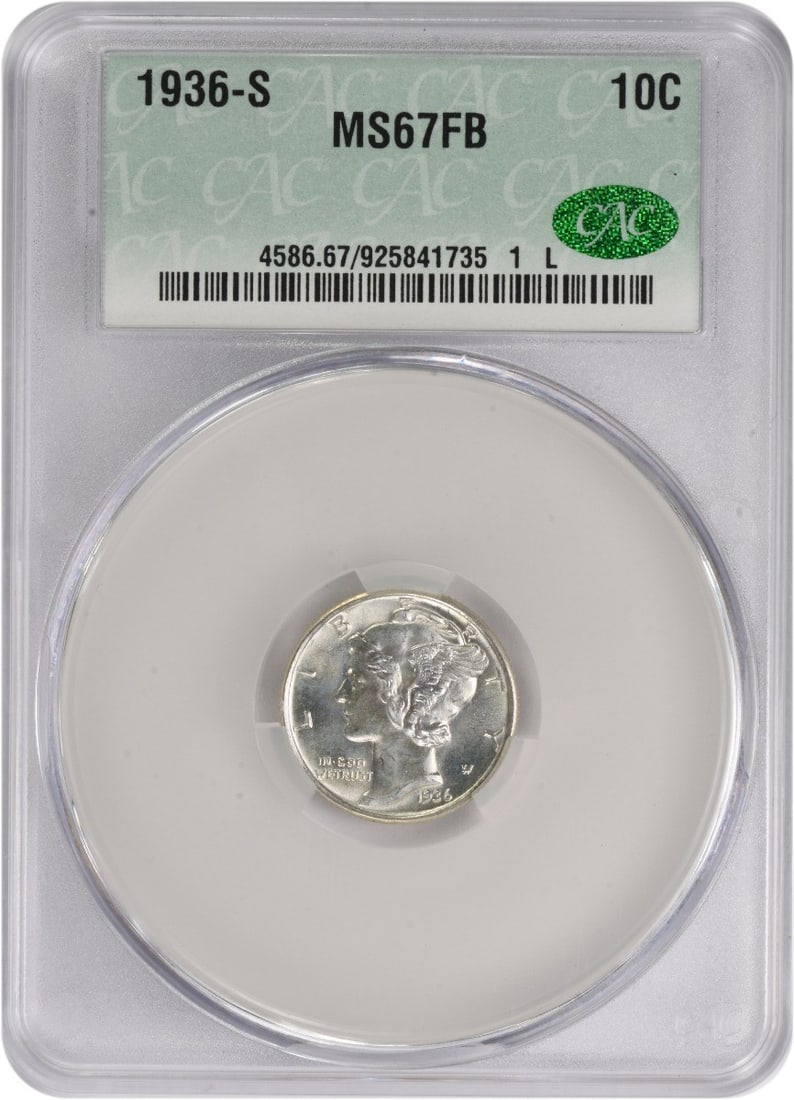 MS67FB 1936 Mercury Dime Silver CACG: MS67FB 1936 Mercury Dime Silver CACG The MS67FB 1936 Mercury Dime Silver CACG is a highly detailed and well-crafted coin, with a striking silver composition and a distinctive reeded edge. Certified by