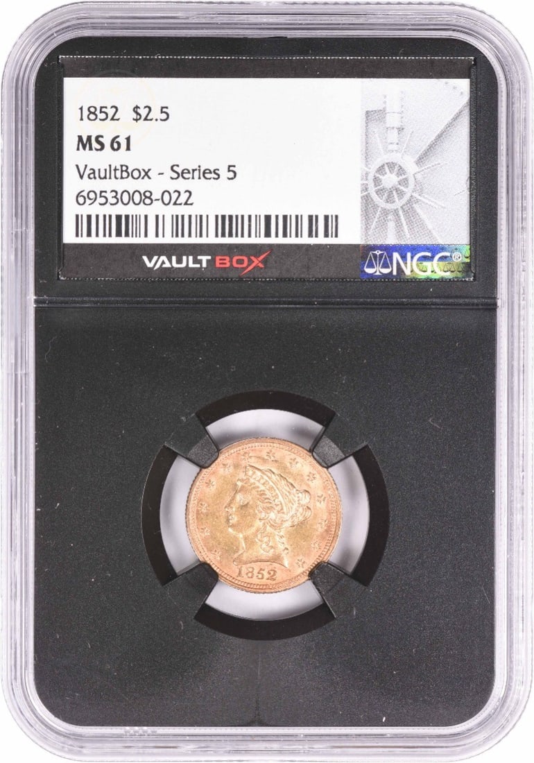 $2.50 1852 MS61 Gold Liberty Head: $2.50 1852 MS61 Gold Liberty Head The 1852 MS61 Gold Liberty Head is a rare and highly detailed gold coin, certified by the NGC as Uncirculated. Produced in 1852, this coin features a distinctive desi