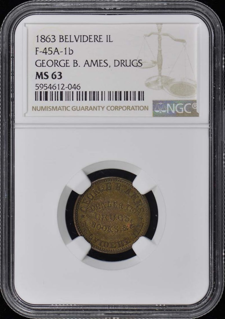 1863 BELVIDERE MERCHANT TOKEN George Ames F-45A-1b IL NGC MS63 (1 of 1)