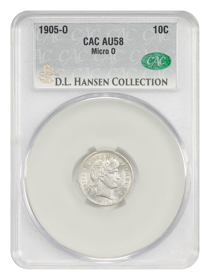 1905-O 10C CACG AU58 (Micro O) ex: D.L. Hansen - Barber Dime: 1905-O 10C CACG AU58 (Micro O) ex: D.L. Hansen - Barber Dime The 1905-O 10C CACG AU58 (Micro O) ex: D.L. Hansen Barber Dime boasts a rich history, having been certified by the CACG grading service. Th