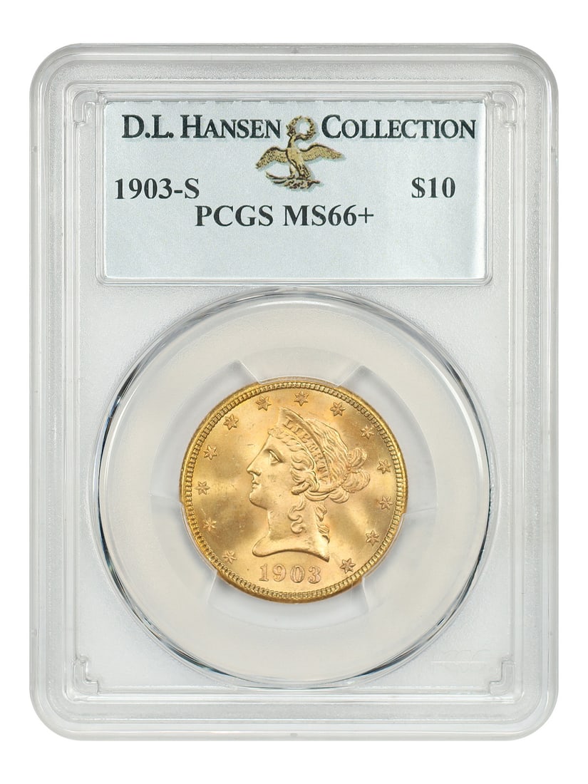 1903-S $10 PCGS MS66+ ex: D.L. Hansen: 1903-S $10 PCGS MS66+ ex: D.L. Hansen The 1903-S $10 is a highly sought-after coin, with its San Francisco mint mark and 1903 date making it a rare and valuable find. This coin has been certified MS66