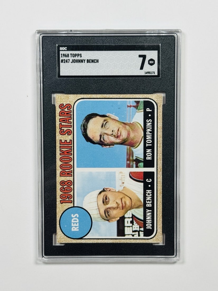 ROOKIE STARS JOHNNY BENCH TOPPS 7 SGC 1968: ROOKIE STARS JOHNNY BENCH TOPPS 7 SGC 1968 Standard League 1968 Topps Rookie Stars card featuring Johnny Bench, numbered #247, in near-mint condition, bearing a SGC grade of 7. Item Specifics: Card Si