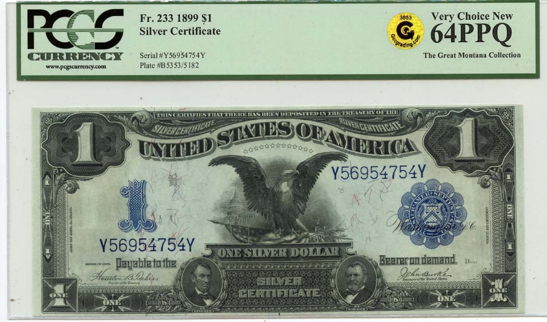 $1 1899 Silver Certificate PCGS CU64 PPQ GCC Gold: $1 1899 Silver Certificate PCGS CU64 PPQ GCC Gold The 1899 Silver Certificate is a rare and historic note, graded MS64 by PCGS, with a Certification Number of 80332666. This circulated uncirculated no