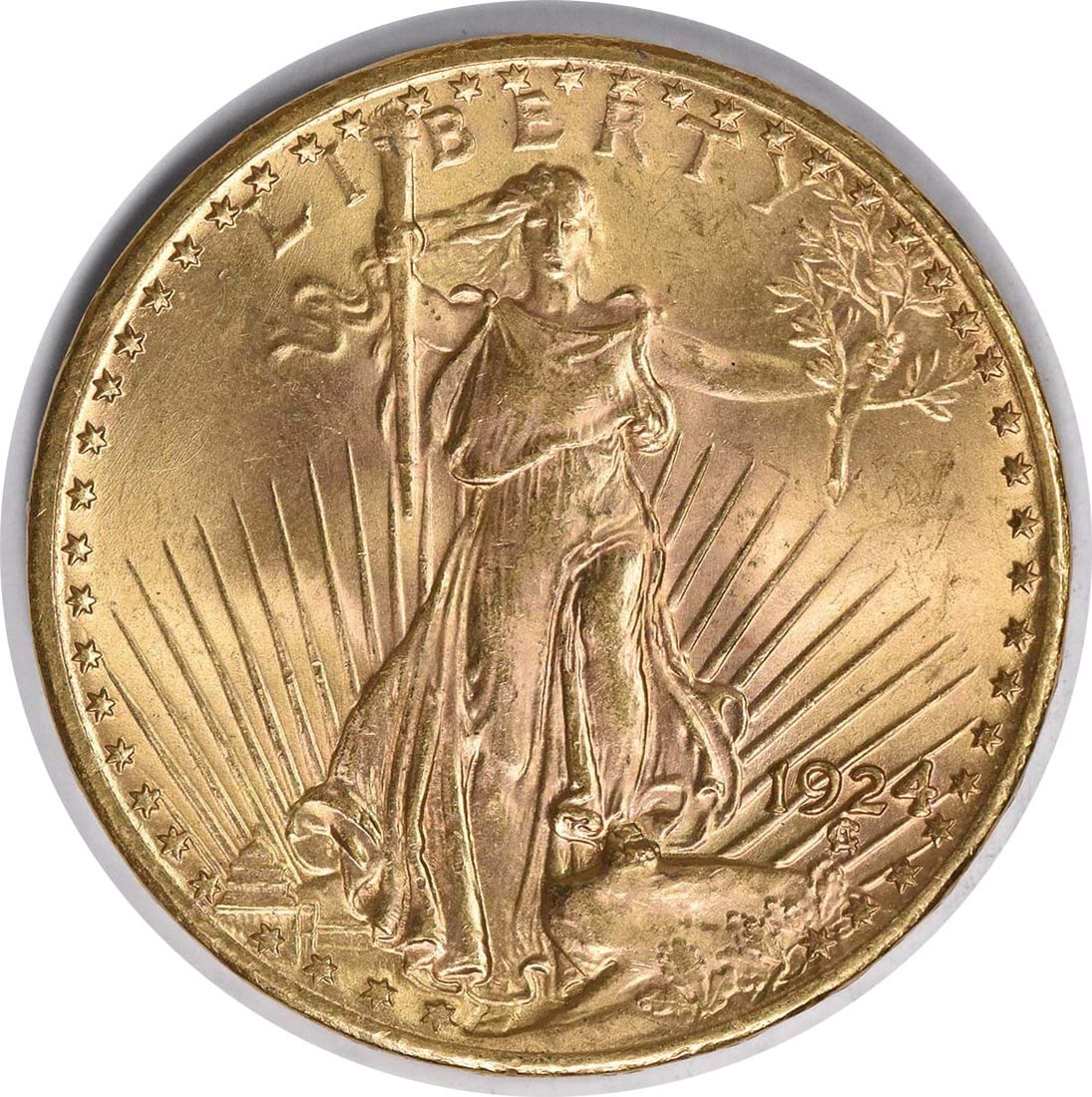 1924 $20 Gold St. Gaudens MS60 Uncertified: 1924 $20 Gold St. Gaudens MS60 Uncertified The 1924 $20 Gold St. Gaudens MS60 Uncertified is a highly detailed and intricately designed gold coin featuring the iconic St. Gaudens portrait. Crafted