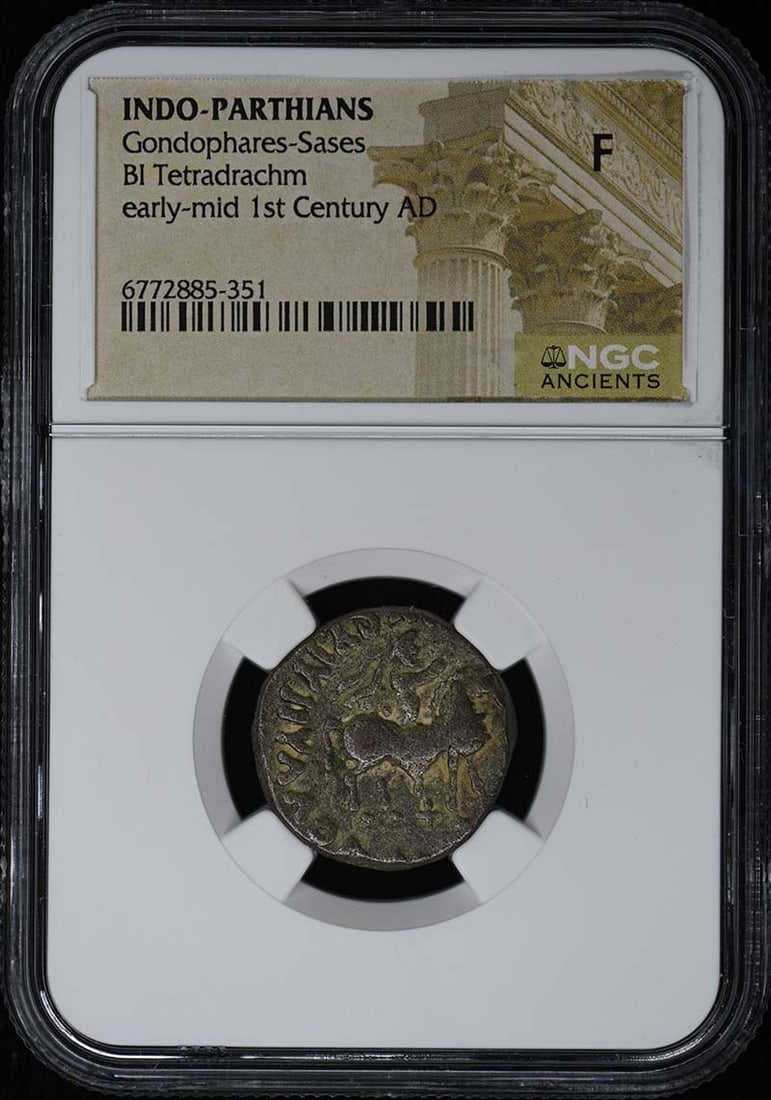 Gondophares-Sases INDO-PARTHIANS BI Tetradrachm NGC F: Gondophares-Sases INDO-PARTHIANS BI Tetradrachm NGC F NGC F graded Gondophares-Sases INDO-PARTHIANS BI Tetradrachm, certification number 6772885351, bearing a signature. This ancient coin is a