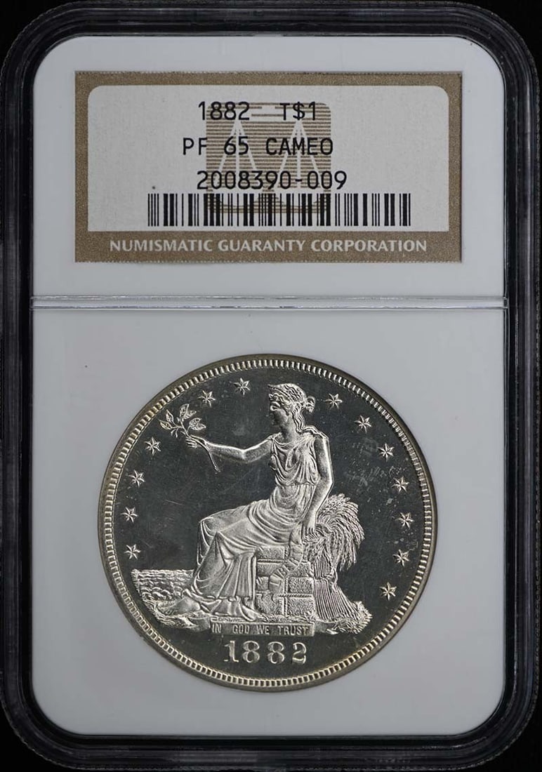 1882 Trade Dollar T$1 NGC PR65CAM: 1882 Trade Dollar T$1 NGC PR65CAM The 1882 Trade Dollar T$1 NGC PR65CAM is a highly detailed and precise proof coin, certified by the Numismatic Guaranty Corporation (NGC) with a grade of PR65. This c