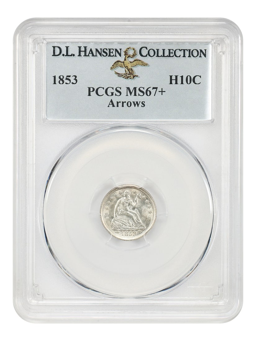 H10C MS67+ (Arrows) ex D.L. Hansen: H10C MS67+ (Arrows) ex D.L. Hansen The 1853 H10C MS67+ (Arrows) coin, certified by PCGS, boasts a high level of mint state preservation, showcasing its original luster and minimal wear. This coin was 