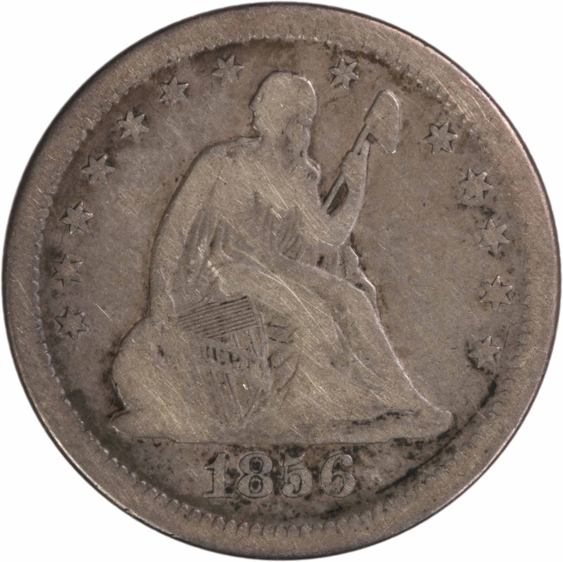 1856-S Liberty Seated Silver Quarter F Uncertified: 1856-S Liberty Seated Silver Quarter F Uncertified The 1856-S Liberty Seated Silver Quarter F Uncertified is a rare circulated coin from the San Francisco Mint, featuring Seated Liberty on its reverse