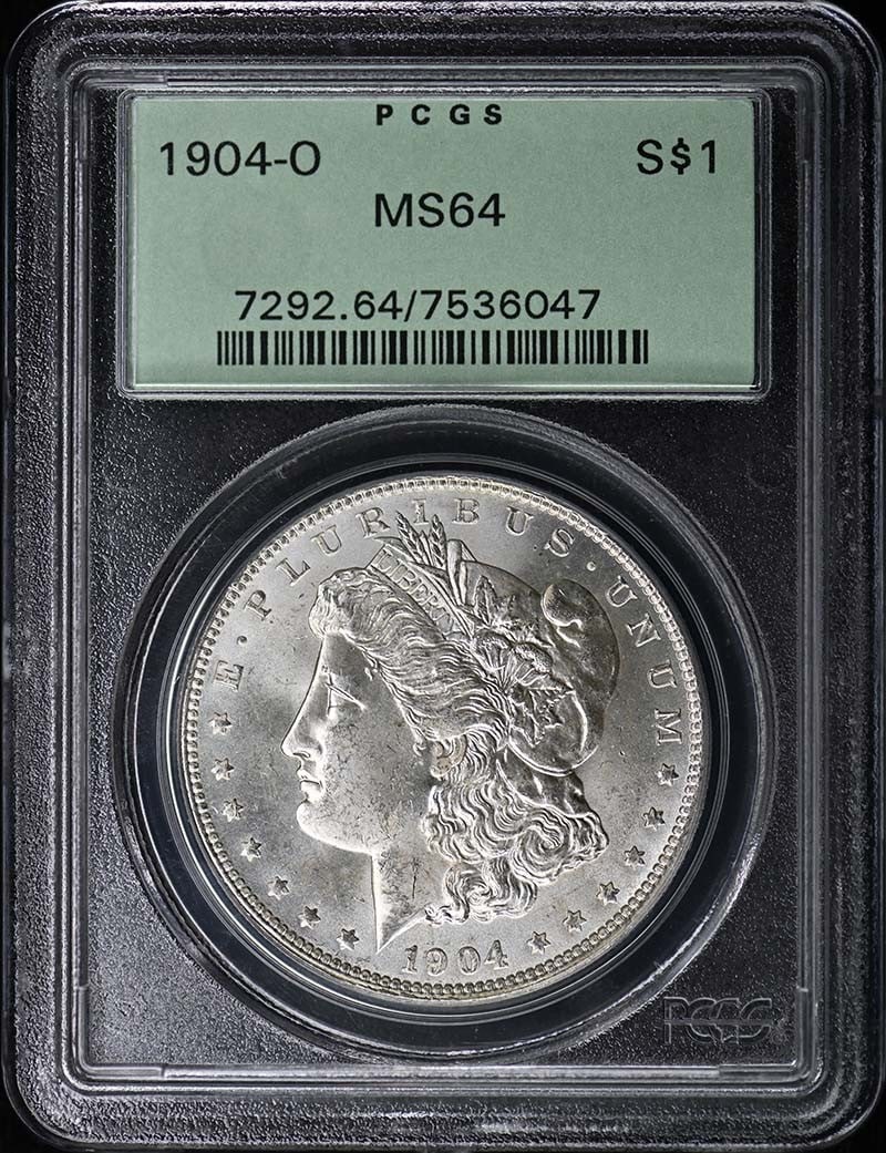 1904-O $1 Morgan Dollar PCGS MS64: 1904-O $1 Morgan Dollar PCGS MS64 The 1904-O $1 Morgan Dollar is a highly sought-after coin, certified by PCGS as MS64. This uncirculated coin was minted in New Orleans and features the iconic design 