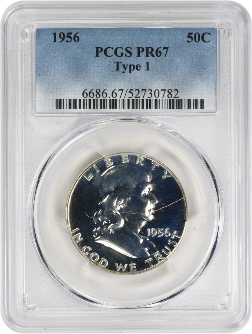 Silver Half Dollar Type 1 Franklin 1956 PCGS PR67: Silver Half Dollar Type 1 Franklin 1956 PCGS PR67 The 1956 Silver Half Dollar Type 1, graded PR67 by PCGS, boasts a striking design by John R. Sinnock and John Frederick Lewis, featuring a portrait of