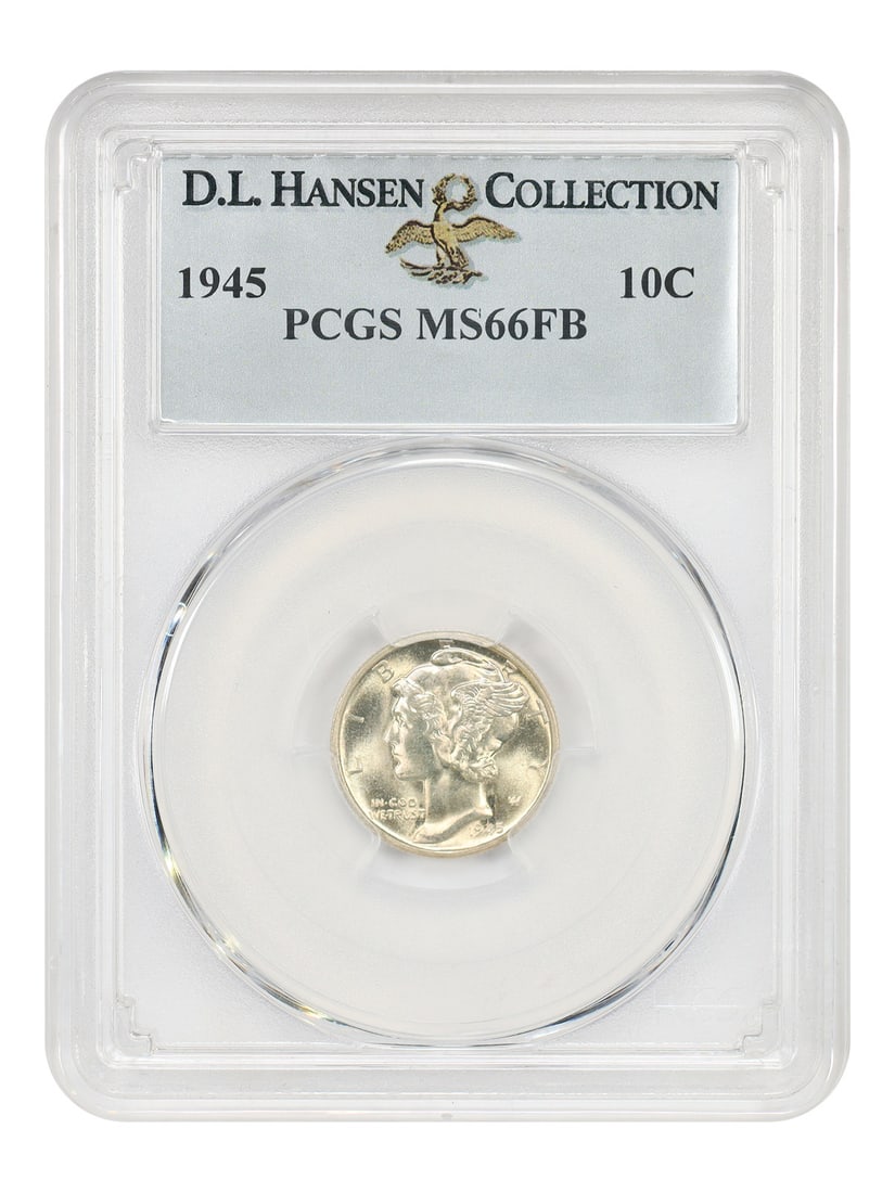 1945 10C PCGS MS66FB ex: D.L. Hansen: 1945 10C PCGS MS66FB ex: D.L. Hansen The 1945 10C PCGS MS66FB is a highly graded uncirculated coin, certified by the Professional Coin Grading Service (PCGS) with a MS66FB grade, indicating a high lev