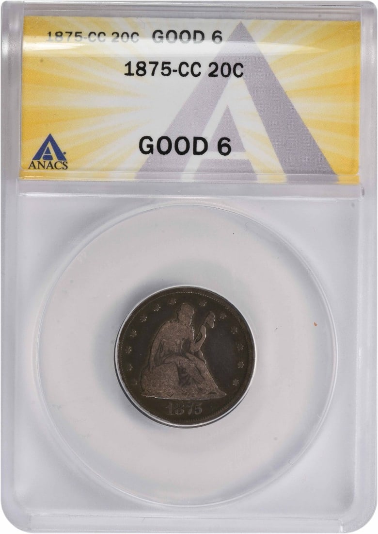 1875-CC Twenty Cent Silver Piece G06 ANACS: 1875-CC Twenty Cent Silver Piece G06 ANACS The 1875-CC Twenty Cent Silver Piece G06 ANACS is a circulated example of a Carson City minted coin, featuring the iconic design of William Barber. With a gr