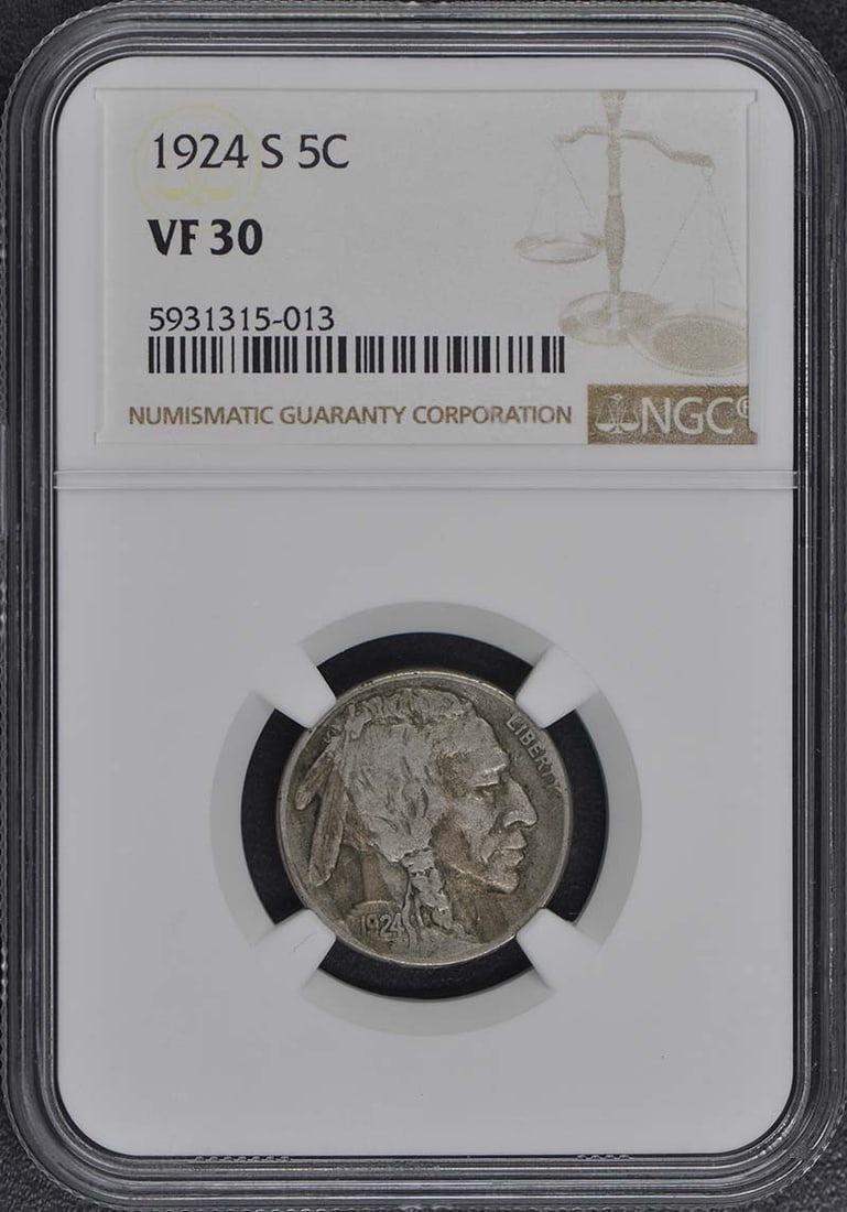 1924-S Buffalo Nickel Type 2 5C NGC VF30: 1924-S Buffalo Nickel Type 2 5C NGC VF30 The 1924-S Buffalo Nickel Type 2 is a circulated coin featuring a distinctive design and mint mark. Certified by the Numismatic Guaranty Corporation (NGC) as a