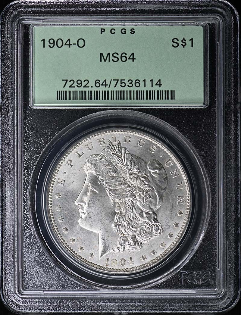 1904-O $1 Morgan Dollar PCGS MS64: 1904-O $1 Morgan Dollar PCGS MS64 The 1904-O $1 Morgan Dollar, graded MS64 by PCGS, is a highly detailed and well-preserved coin from the New Orleans mint. This uncirculated coin boasts a rich