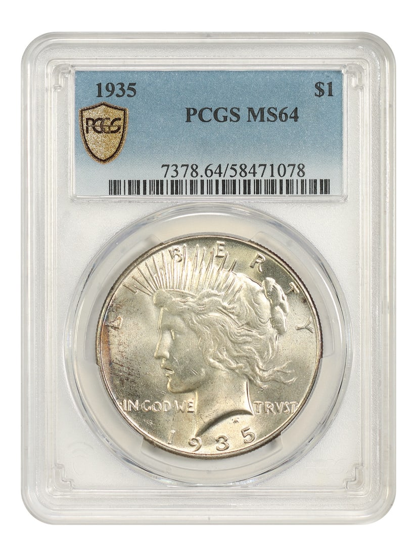 1935 $1 PCGS MS64 - Peace Dollar - Final P-Mint Peace Dollar: 1935 $1 PCGS MS64 - Peace Dollar - Final P-Mint Peace Dollar The 1935 $1 PCGS MS64 - Peace Dollar is a highly detailed and well-preserved uncirculated coin, certified by the Professional Coin Grading 