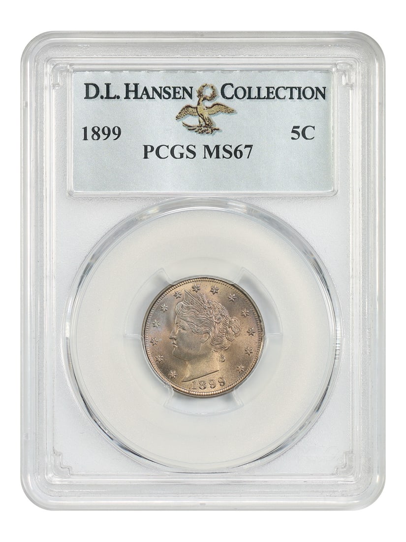 PCGS MS67 5C 1899 ex D.L. Hansen: PCGS MS67 5C 1899 ex D.L. Hansen The 1899 5C coin, graded MS67 by PCGS, showcases exceptional mint state condition, with its Philadelphia mint mark a testament to its authenticity. This uncirculated