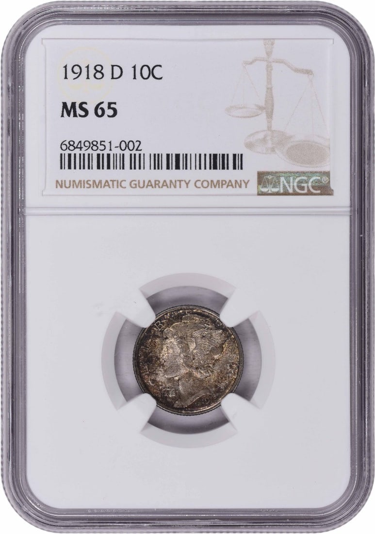 1918-D Mercury Silver Dime MS65 NGC: 1918-D Mercury Silver Dime MS65 NGC The 1918-D Mercury Silver Dime MS65 NGC is a highly graded, uncirculated coin featuring the iconic Mercury design by Adolph Alexander Weinman. With a mintage of 22,
