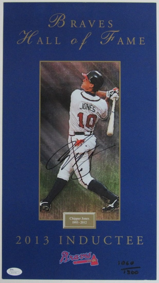 Braves HOF Braves Poster Signed Chipper Jones 2013 Inductee JSA: Braves HOF Braves Poster Signed Chipper Jones 2013 Inductee JSA Item Specifics: Autograph Authentication: James Spence Authentication (JSA) Original/Reprint: Original Product: Photo Sport: Baseball