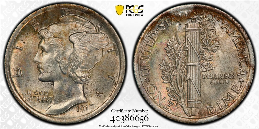 MERCURY DIME PCGS MS64 FB: MERCURY DIME PCGS MS64 FB The 1917 Mercury dime, graded MS64 by PCGS, boasts a striking silver finish and boasts a rich history as a staple of American coinage. Certified by the prestigious