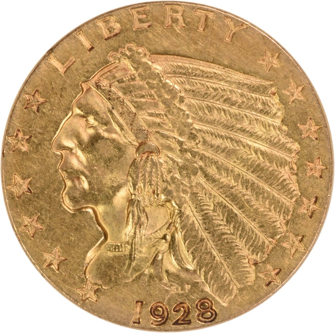 1928 $2.50 Gold Indian AU Slider Uncertified: 1928 $2.50 Gold Indian AU Slider Uncertified The 1928 $2.50 Gold Indian AU Slider Uncertified is a circulated specimen of the iconic $2.50 Gold Indian coin, minted in Philadelphia in 1928. This coin