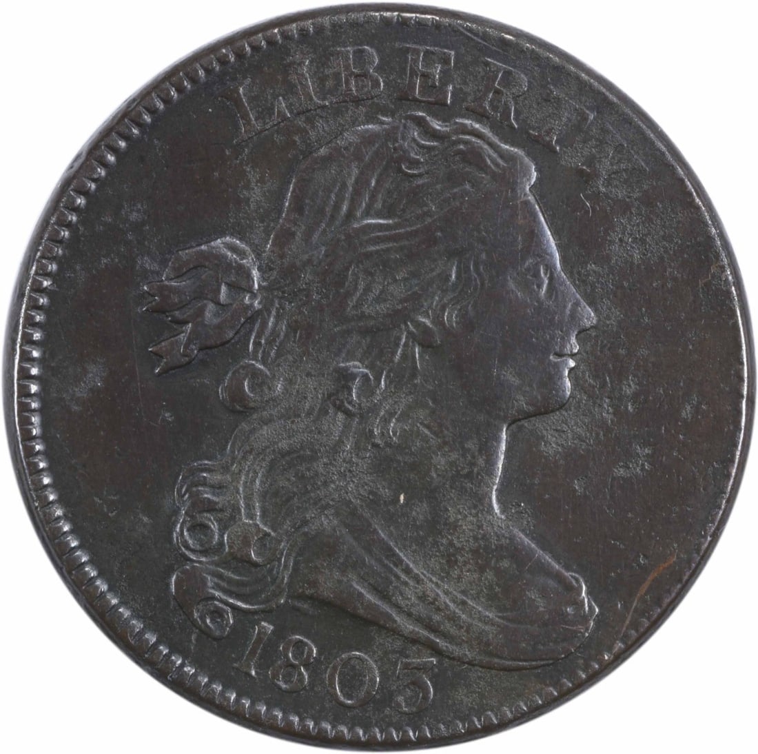 1803 Large Cent EF Uncertified: 1803 Large Cent EF Uncertified The 1803 Large Cent is a copper coin with a diameter of 28.00 millimeters, featuring a Draped Bust design by Robert Scot. This circulated coin has an EF grade and