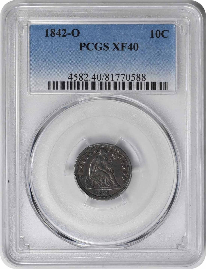 1842-O Liberty Seated Silver Dime EF40 PCGS: 1842-O Liberty Seated Silver Dime EF40 PCGS EF40 PCGS certified 1842-O Liberty Seated Silver Dime, featuring the iconic Seated Liberty design by Christian Gobrecht, is a notable example of early Ameri