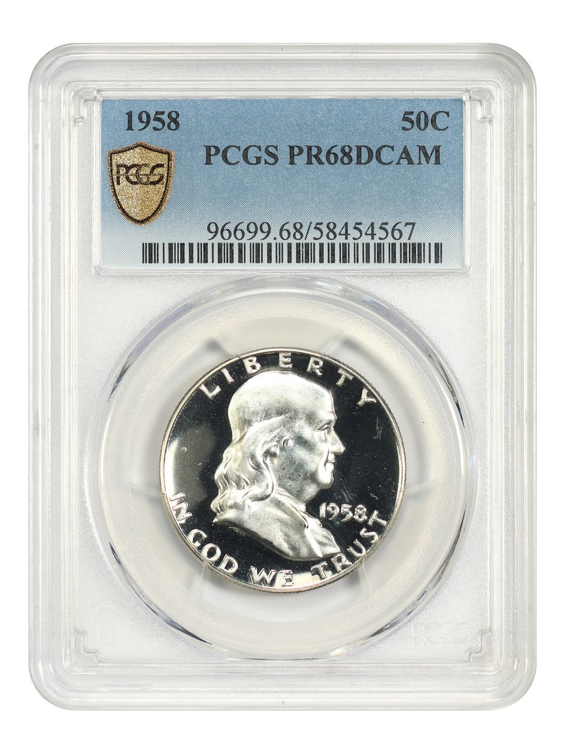 PCGS 50C 1958 Franklin Half Dollar PR68DCAM: PCGS 50C 1958 Franklin Half Dollar PR68DCAM The PCGS 50C 1958 Franklin Half Dollar PR68DCAM is a highly graded uncirculated coin, certified by the prestigious Professional Coin Grading Service (PCGS) 
