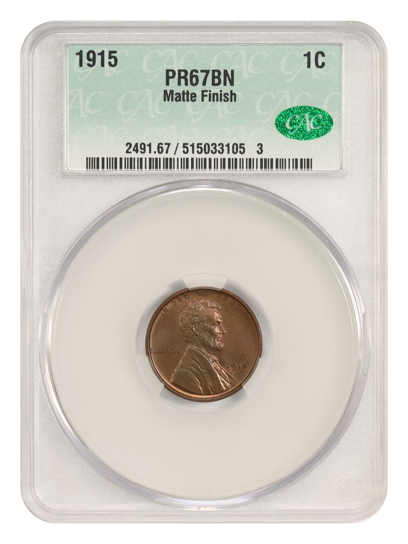 1915 1C CACG PR67BN (Matte) - Lincoln Cent (Wheat Reverse) - Top Of The Pops!: 1915 1C CACG PR67BN (Matte) - Lincoln Cent (Wheat Reverse) - Top Of The Pops! 1915 Lincoln Cent (Wheat Reverse) in PR67BN Matte Condition - A Rare Gem!This 1915 1C Lincoln Cent, graded PR67BN by CACG,