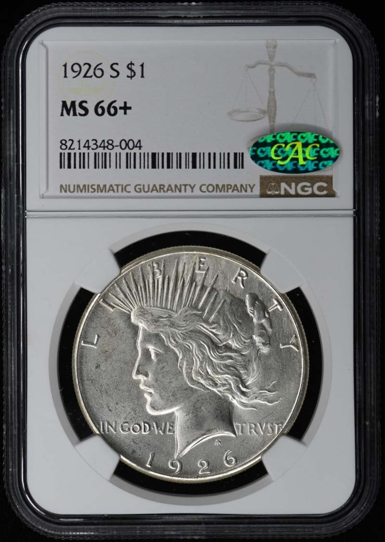 1926-S Peace Dollar S$1 NGC MS66+ (CAC): 1926-S Peace Dollar S$1 NGC MS66+ (CAC) The 1926-S Peace Dollar is a highly detailed and intricately designed coin, featuring a striking portrait of Lady Liberty on the obverse and a depiction of a