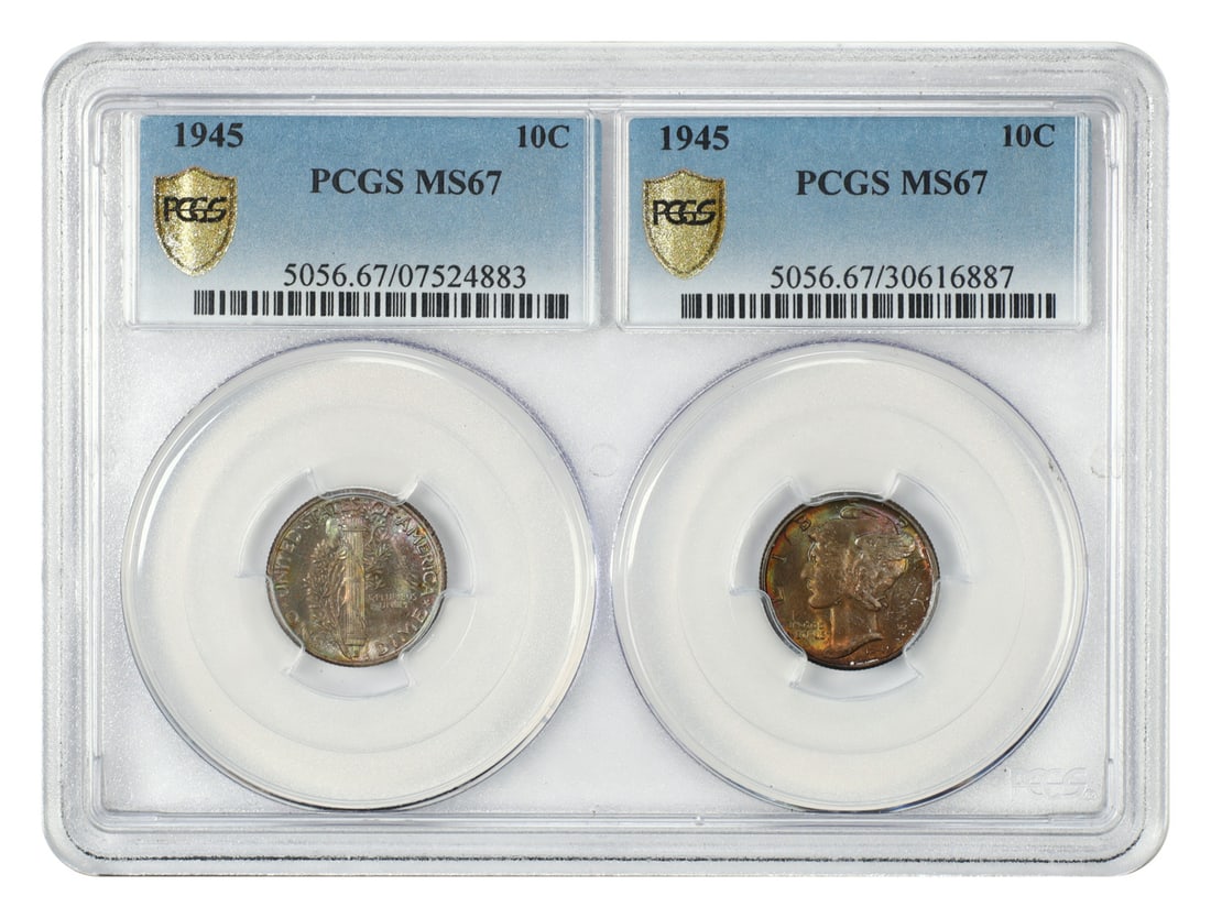 Dual Holder: 1945 10C PCGS MS67 (2 Coins) - Mercury Dime: Dual Holder: 1945 10C PCGS MS67 (2 Coins) - Mercury Dime The 1945 Mercury Dime is a highly graded MS67 coin, certified by PCGS. This dual holder showcases two of these rare coins, each with a high