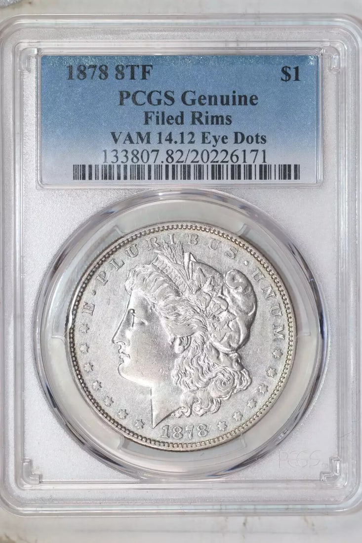 1878 8TF VAM-14.12 "EYE DOTS" TOP 100 MORGAN DOLLAR PCGS AU DETAILS - VERY RARE: 1878 8TF VAM-14.12 "EYE DOTS" TOP 100 MORGAN DOLLAR PCGS AU DETAILS - VERY RARE This 1878 8TF VAM-14.12 "EYE DOTS" Morgan dollar is a rare find, featuring distinctive "eye dots" on its top grade. Cert