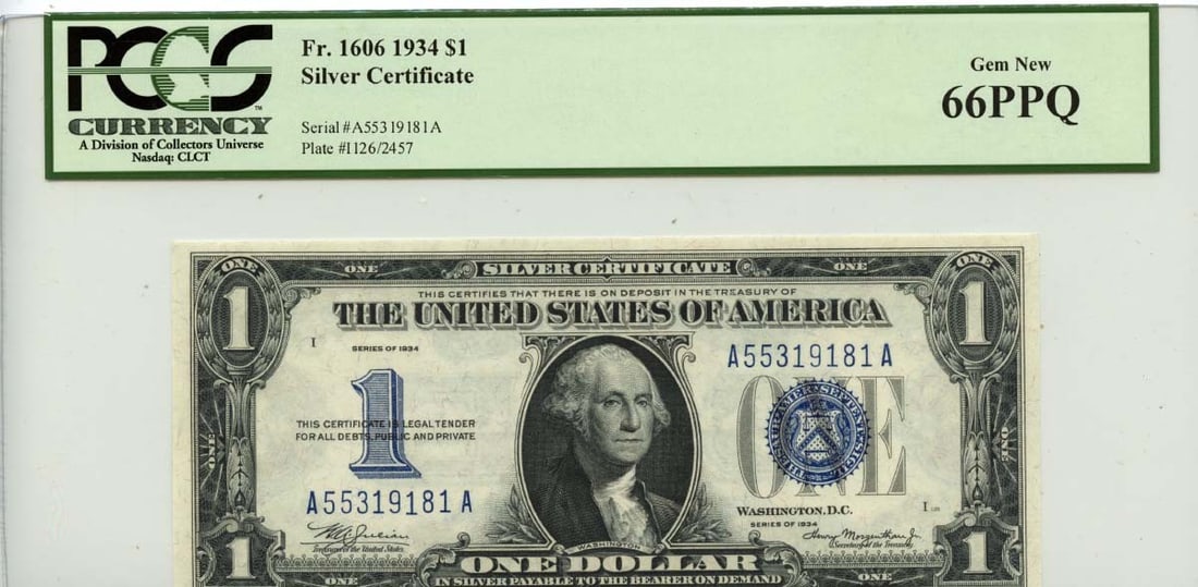 1934 $1 Silver Certificate FR1606 Blue Seal PCGS Gem 66 PPQ: 1934 $1 Silver Certificate FR1606 Blue Seal PCGS Gem 66 PPQ The 1934 $1 Silver Certificate features a striking blue seal and is certified by PCGS as MS66 Uncirculated. With a high grade of 66, this