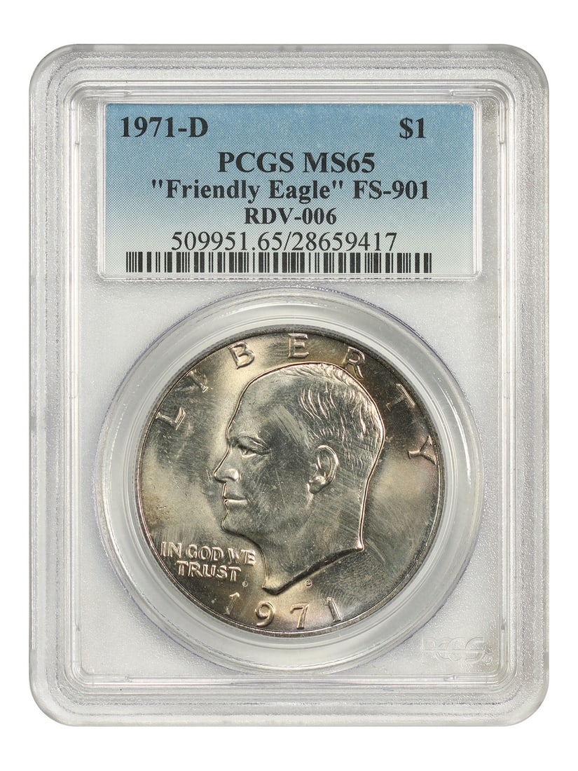 1971-D $1 PCGS MS65 (Friendly Eagle, FS-901, Type 1, RDV-006) - Ike Dollar: 1971-D $1 PCGS MS65 (Friendly Eagle, FS-901, Type 1, RDV-006) - Ike Dollar The 1971-D $1 PCGS MS65 features a striking design with the iconic Friendly Eagle, a hallmark of the Type 1 design. This unci