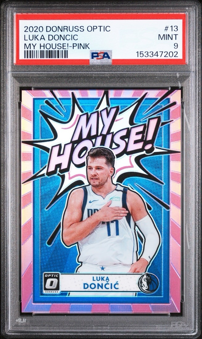 DONRUSS OPTIC LUKA DONCIC MY HOUSE PINK DONRUSS #13 25 PSA 9: DONRUSS OPTIC LUKA DONCIC MY HOUSE PINK DONRUSS #13 25 PSA 9 PSA 9 graded, Donruss Optic Luka Doncic #13 in pink Prizm, a highly sought-after variation, is up for auction. This card features a unique 