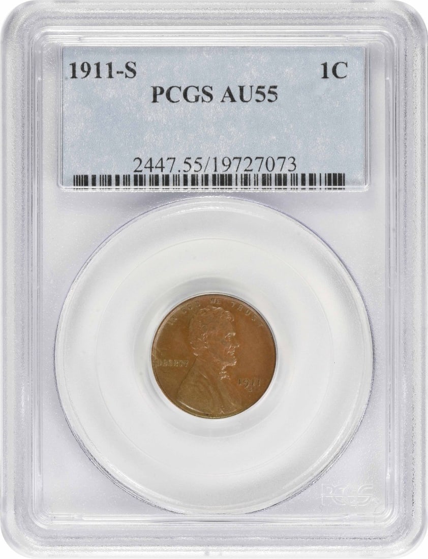 1911-S Lincoln Cent AU55 PCGS: 1911-S Lincoln Cent AU55 PCGS The 1911-S Lincoln Cent AU55 PCGS is a circulated example of this iconic small cent coin, bearing the distinctive Wheat design and featuring a grade of AU55 from the Prof