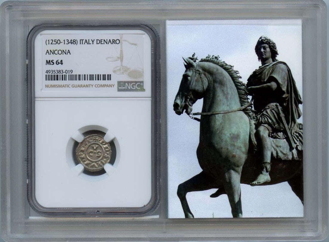 NGC MS64 1250-1348 STORY Vault Italy Ancona Denaro: NGC MS64 1250-1348 STORY Vault Italy Ancona Denaro NGC MS64 1250-1348 STORY Vault Italy Ancona Denaro is a high-grade, uncirculated Italian coin featuring a unique design. The coin's MS64 grade indica