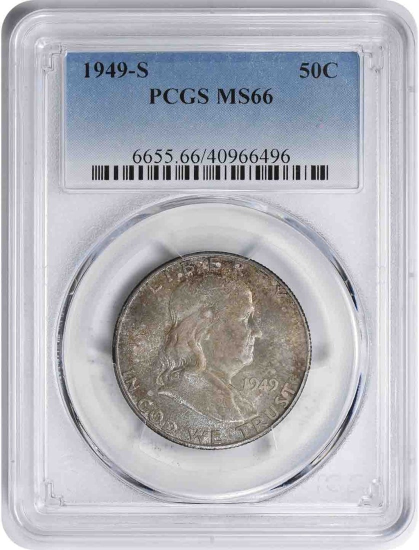1949-S Franklin Silver Half Dollar MS66 PCGS: 1949-S Franklin Silver Half Dollar MS66 PCGS The 1949-S Franklin Silver Half Dollar MS66 PCGS is a highly detailed and precise coin, certified by the PCGS as being in MS66 condition. With a mintage